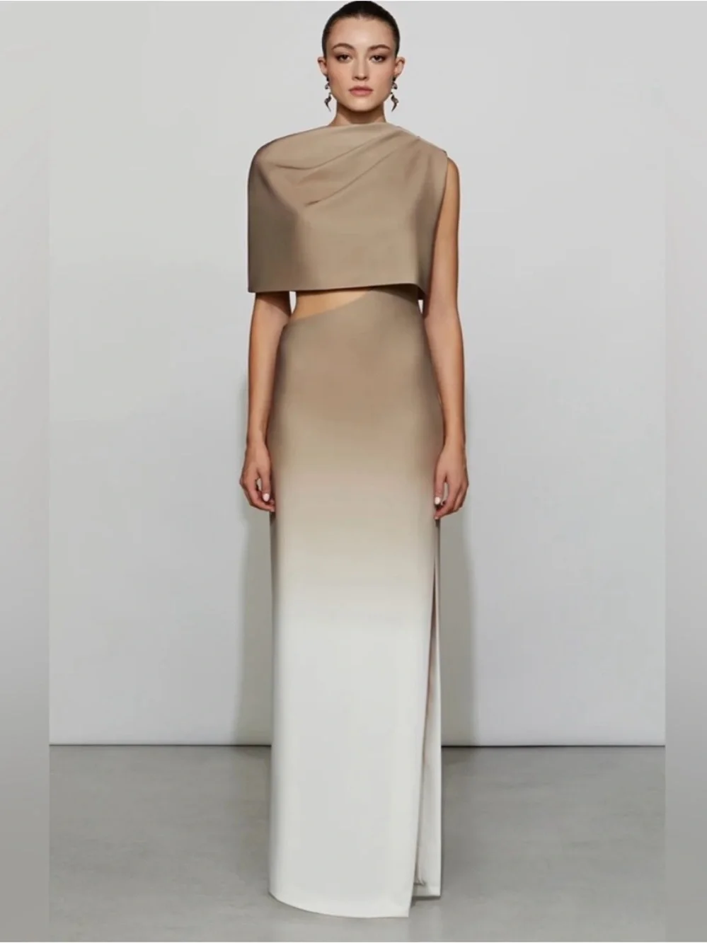 Et Ochs Tan Beige Ombre Maxi Dress with cutout and high slit and caplet Size 6 - Picture 4 of 4